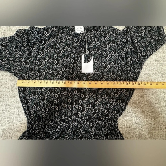 MISA Los Angeles Black Floral Mini Dress Split Neck Blouson Tiered Ruffle Sz M - Picture 13 of 14